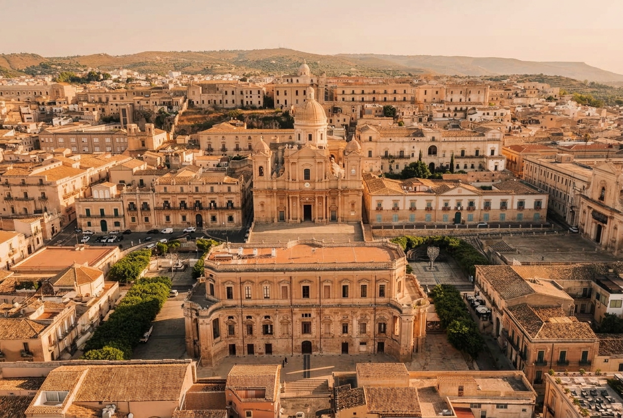 Panoramic view of Noto, Sicily — baroque cathedral and skyline
